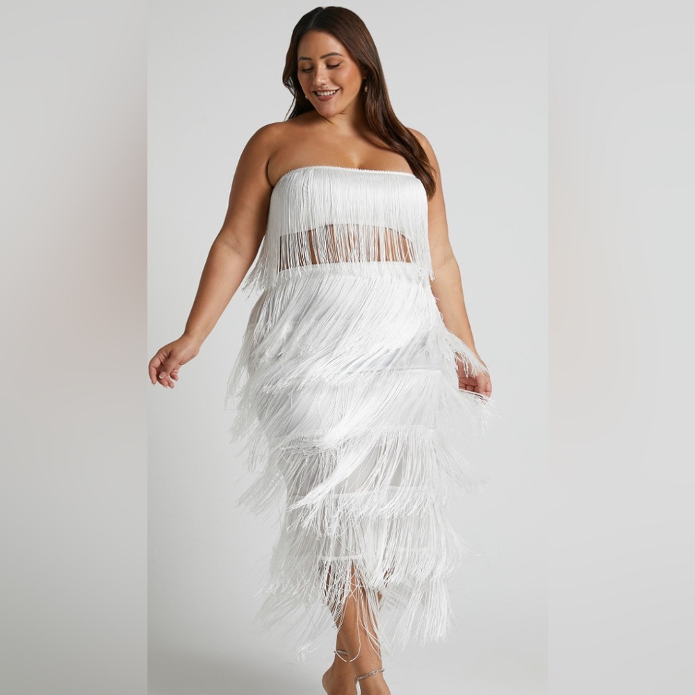 Showpo White Strapless Fringe Midi Dress
